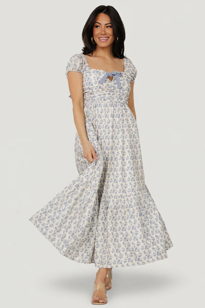 Haven Bow Dress | Ivory + Blue Floral