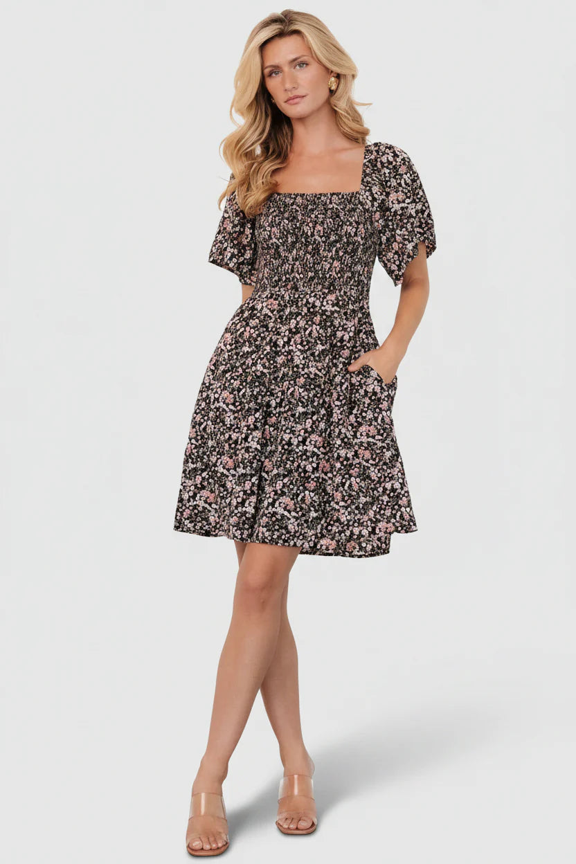 Idera Short Dress | Black Floral