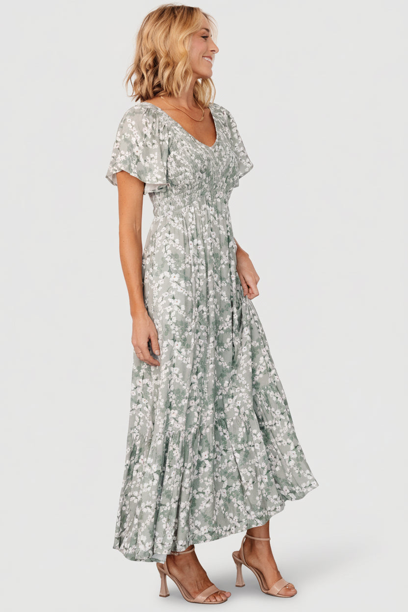 Joanie Smocked Dress | Sage + Off White Floral