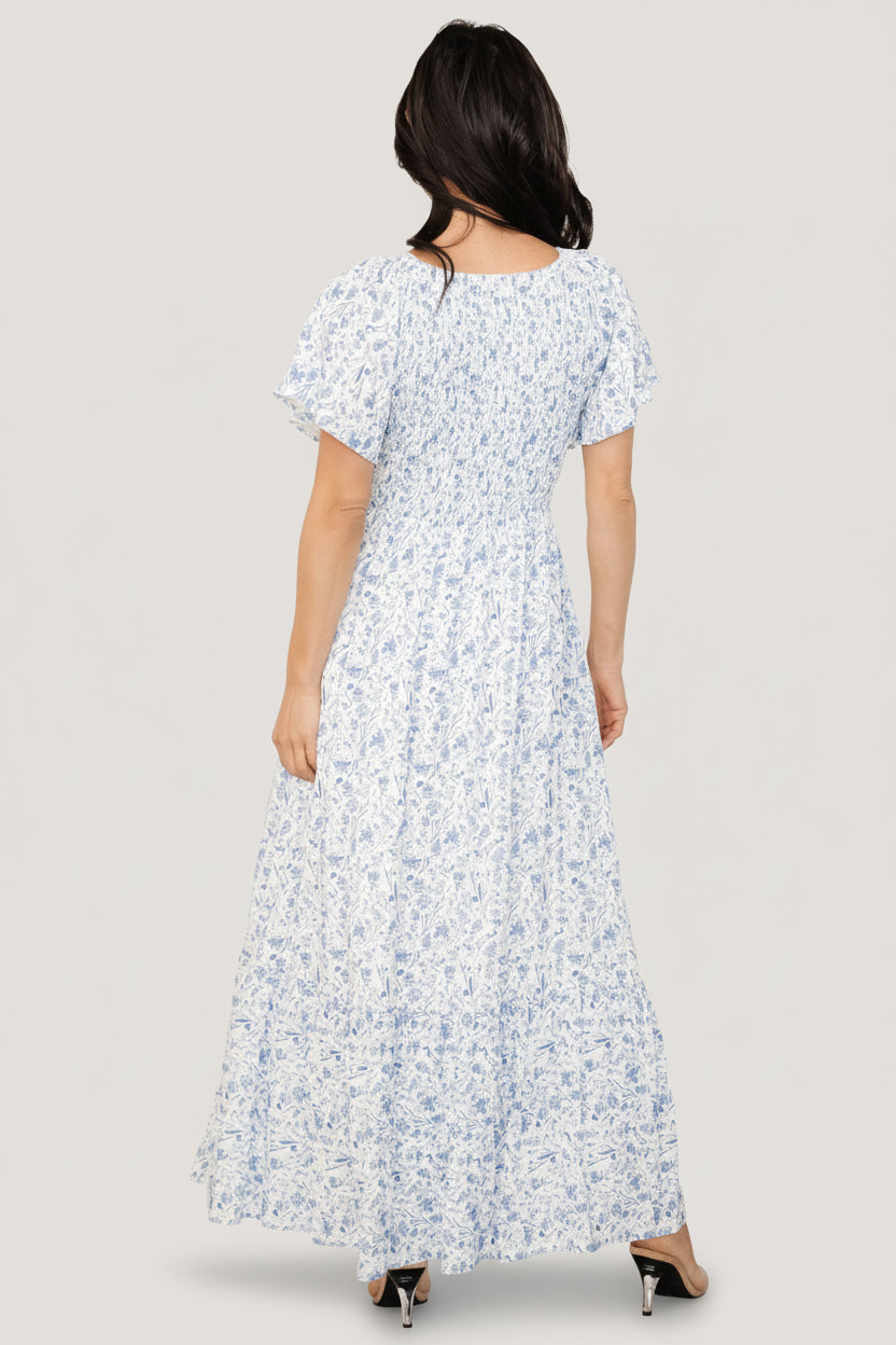 Joanie Smocked Dress | White + Blue Floral