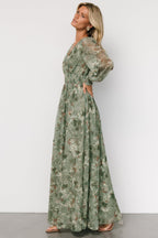 Jolie Embroidered Tulle Dress | Sage + Gold Floral