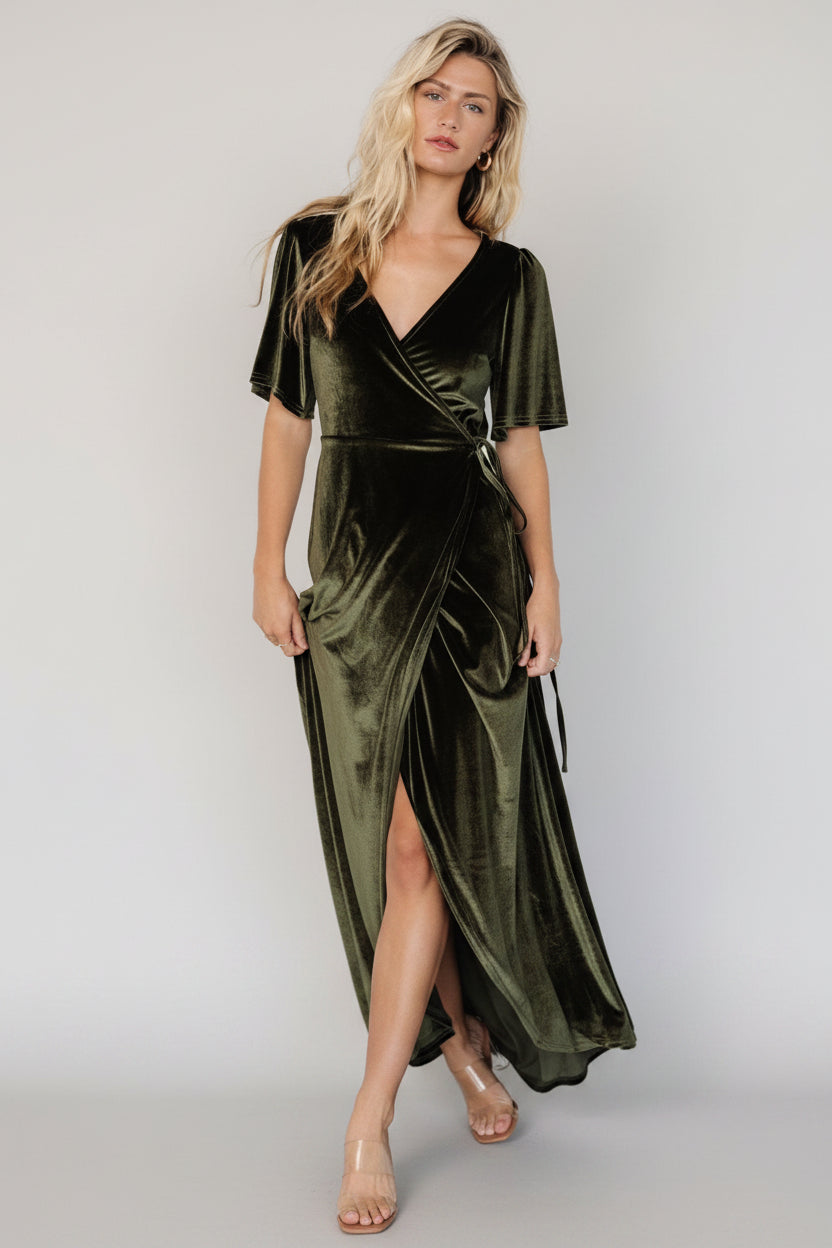 Katelyn Velvet Maxi Wrap Dress | Dark Olive