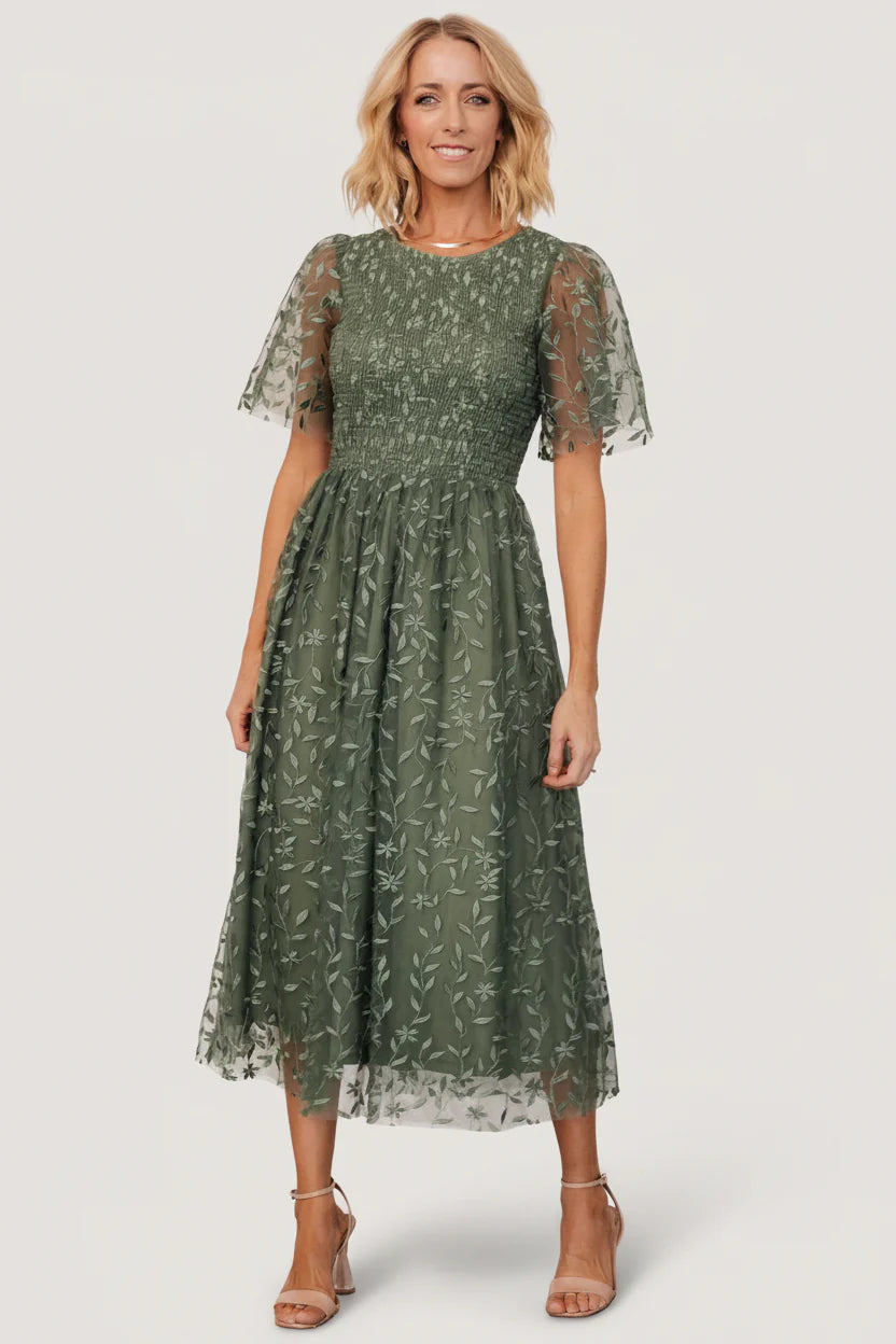 Kendra Embroidered Dress | Dark Sage