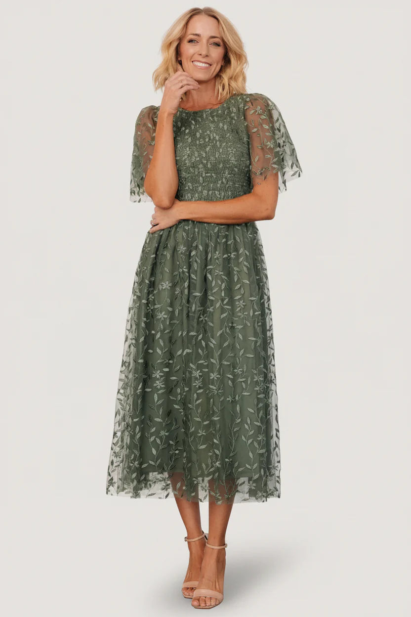 Kendra Embroidered Dress | Dark Sage