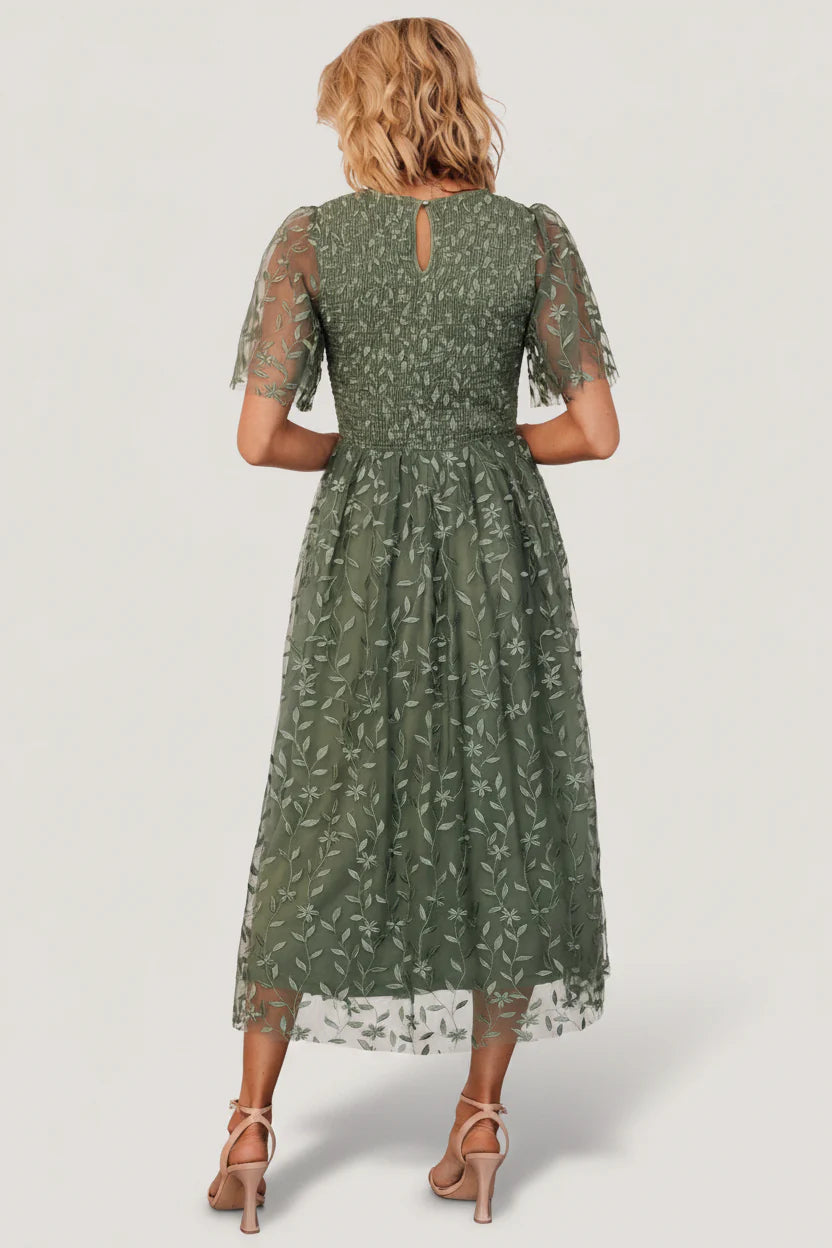 Kendra Embroidered Dress | Dark Sage