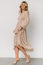 Lainey Smocked Dotted Midi Dress | Beige