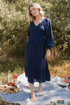 Lainey Smocked Dotted Midi Dress | Midnight Blue