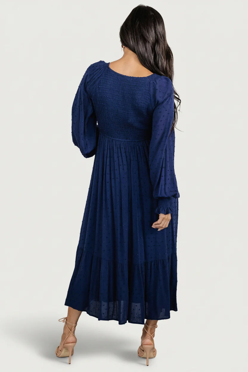 Lainey Smocked Dotted Midi Dress | Midnight Blue