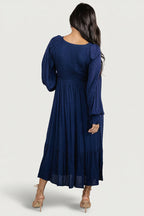 Lainey Smocked Dotted Midi Dress | Midnight Blue