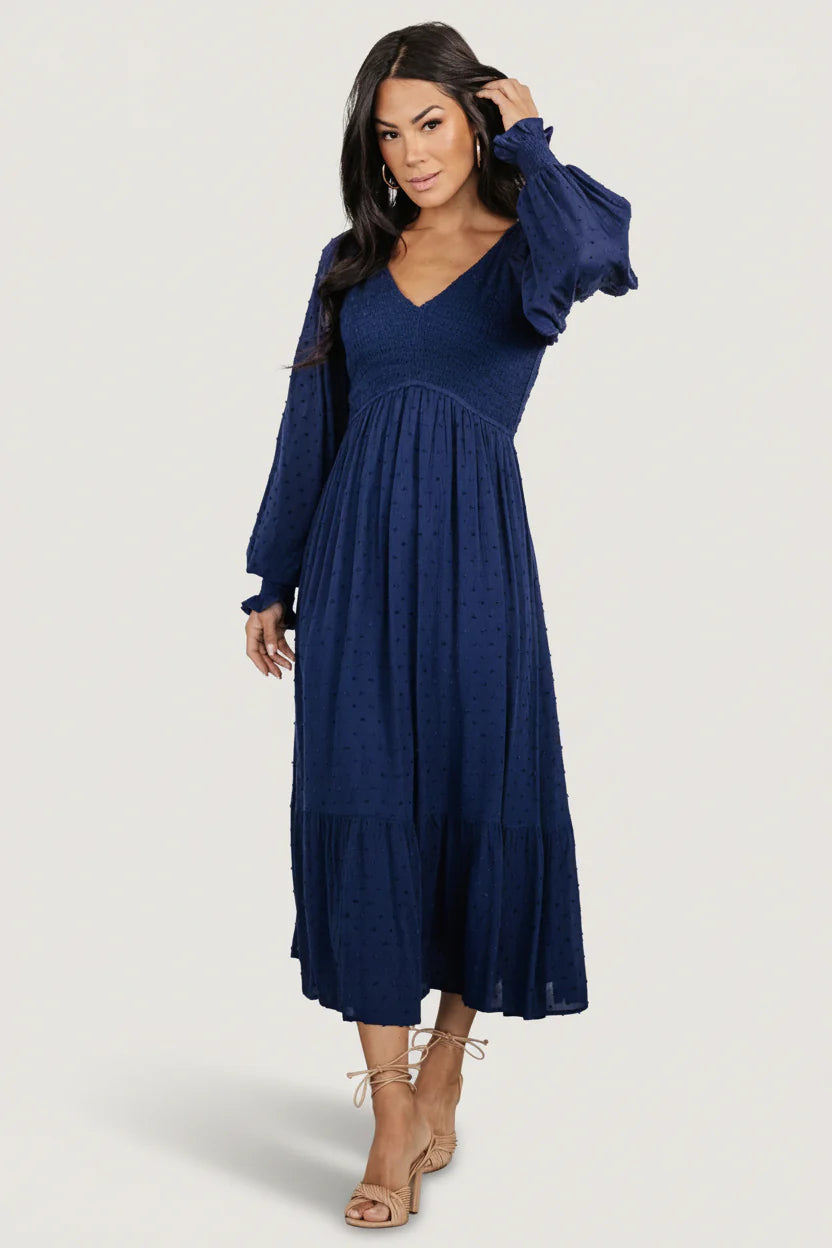 Lainey Smocked Dotted Midi Dress | Midnight Blue