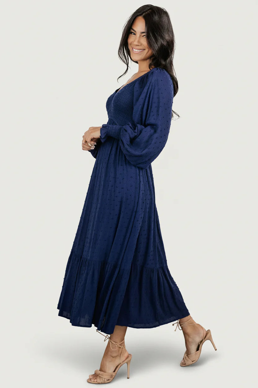 Lainey Smocked Dotted Midi Dress | Midnight Blue