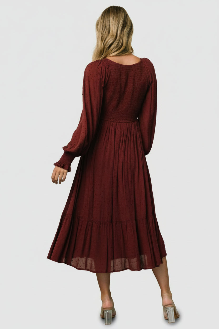 Lainey Smocked Dotted Midi Dress | Mulberry