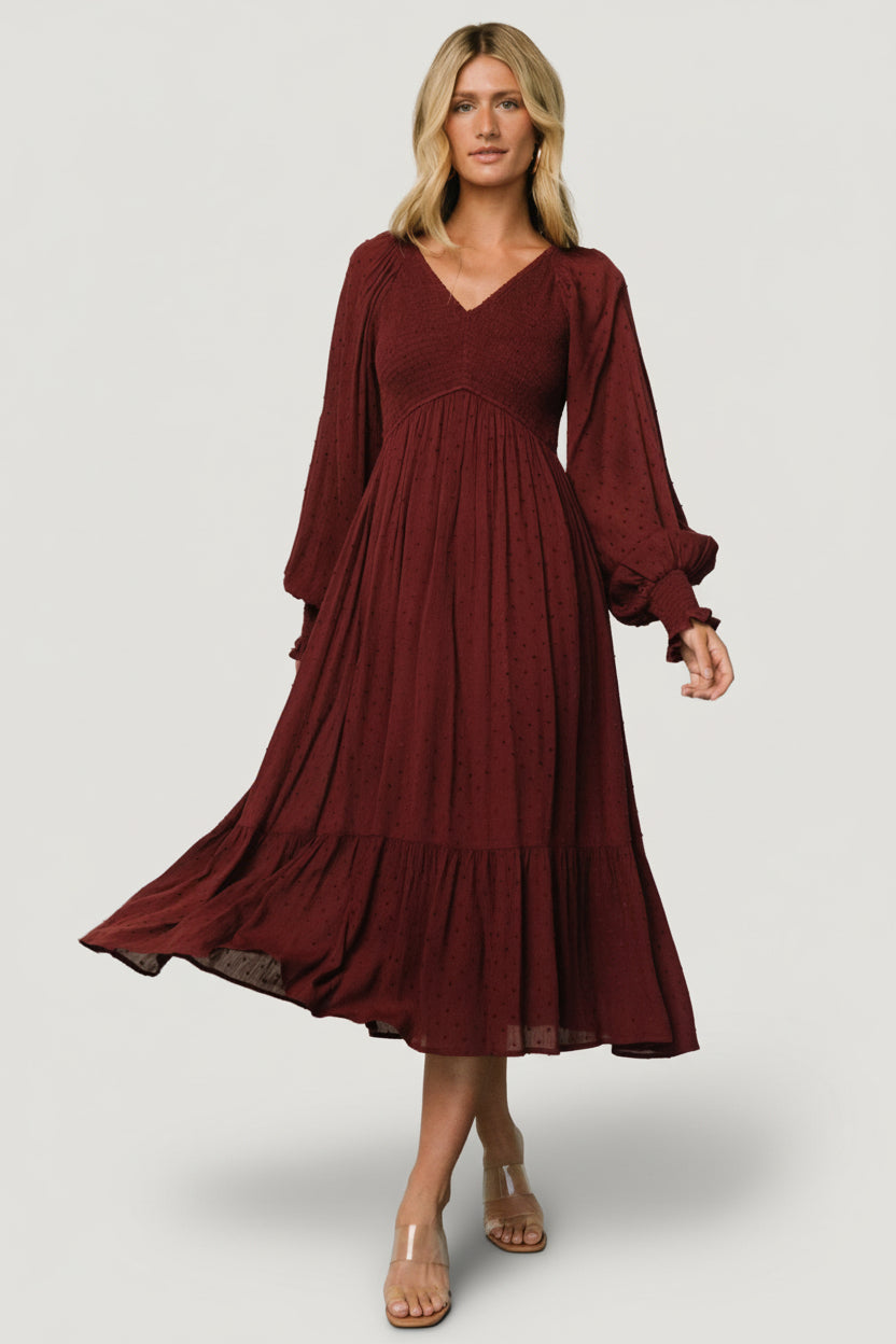 Lainey Smocked Dotted Midi Dress | Mulberry
