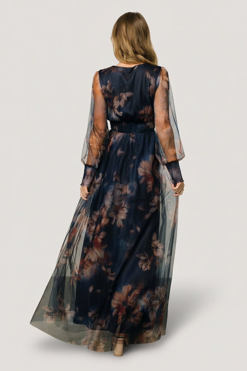 Layla Tulle Maxi Dress | Dark Blue Floral