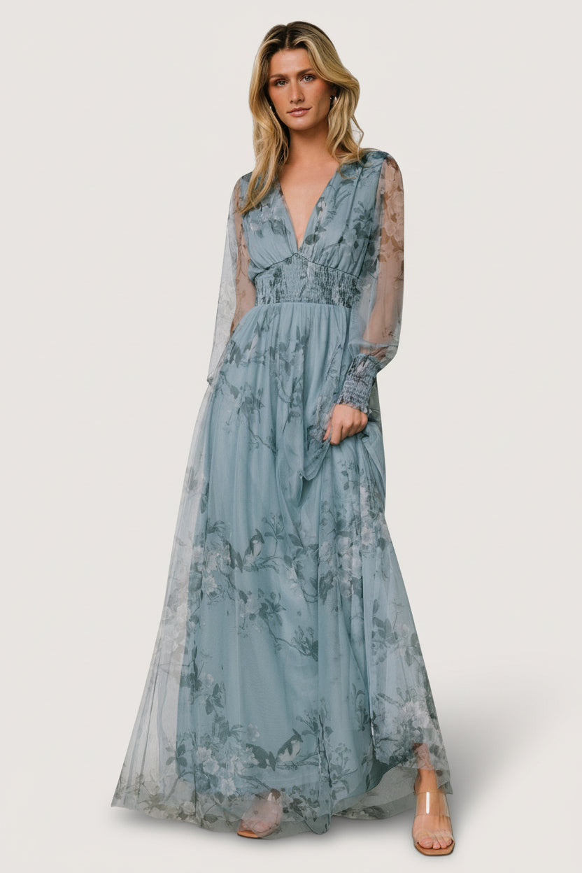 Layla Tulle Maxi Dress | Dusty Blue Floral