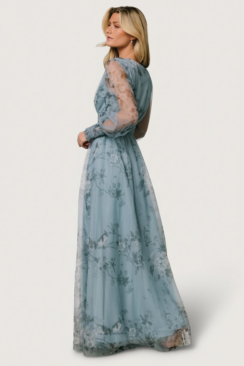 Layla Tulle Maxi Dress | Dusty Blue Floral