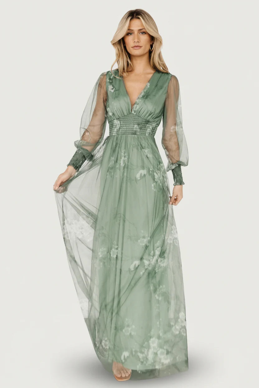 Layla Tulle Maxi Dress | Dusty Green Floral