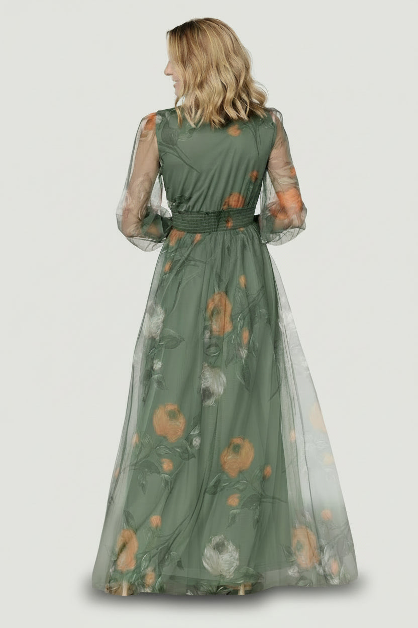 Layla Tulle Maxi Dress | Dusty Olive Floral