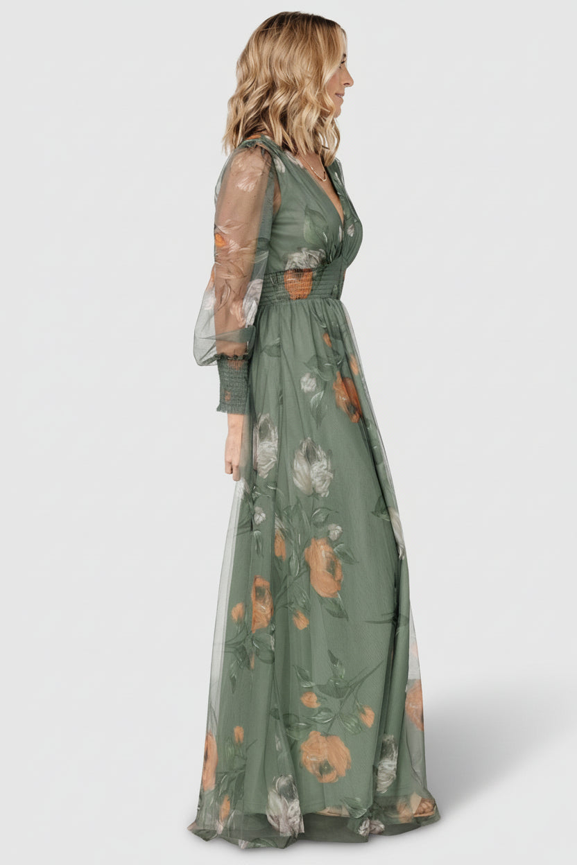 Layla Tulle Maxi Dress | Dusty Olive Floral