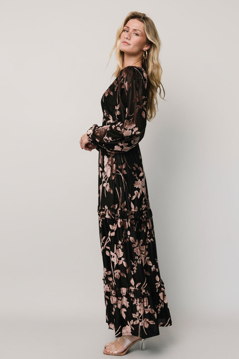 Liana Velvet Embossed Maxi Dress | Black