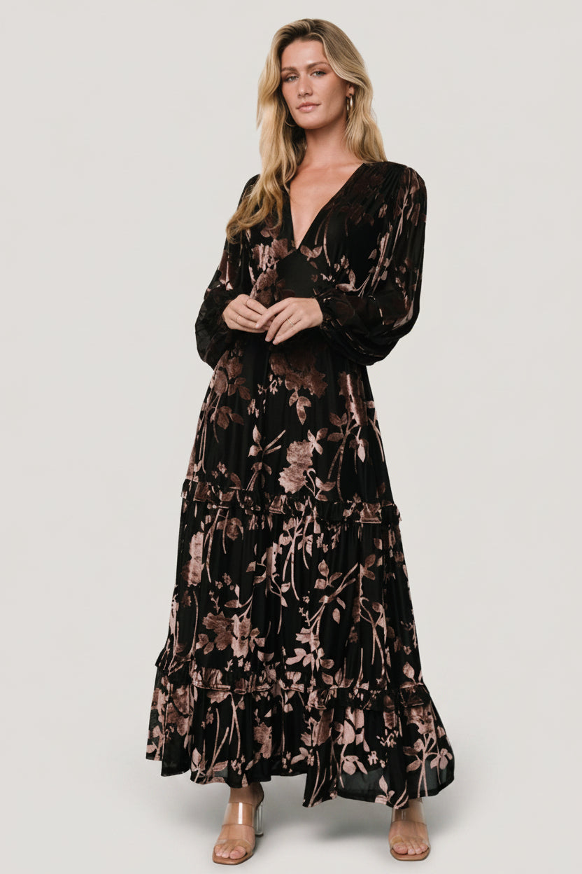 Liana Velvet Embossed Maxi Dress | Black