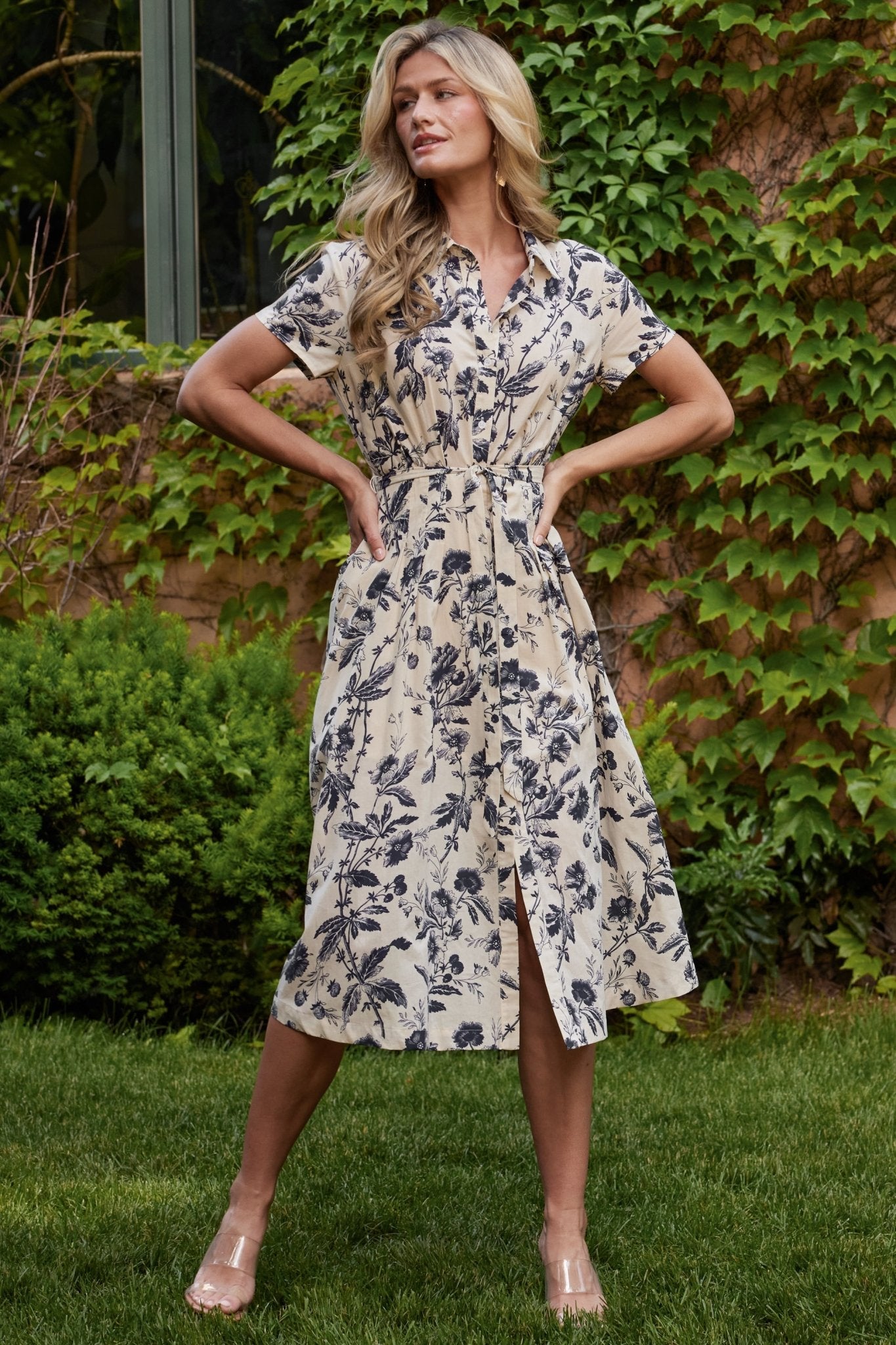 Lorna Midi Dress | Beige + Navy Print