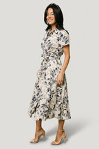 Lorna Midi Dress | Beige + Navy Print