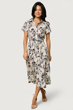 Lorna Midi Dress | Beige + Navy Print
