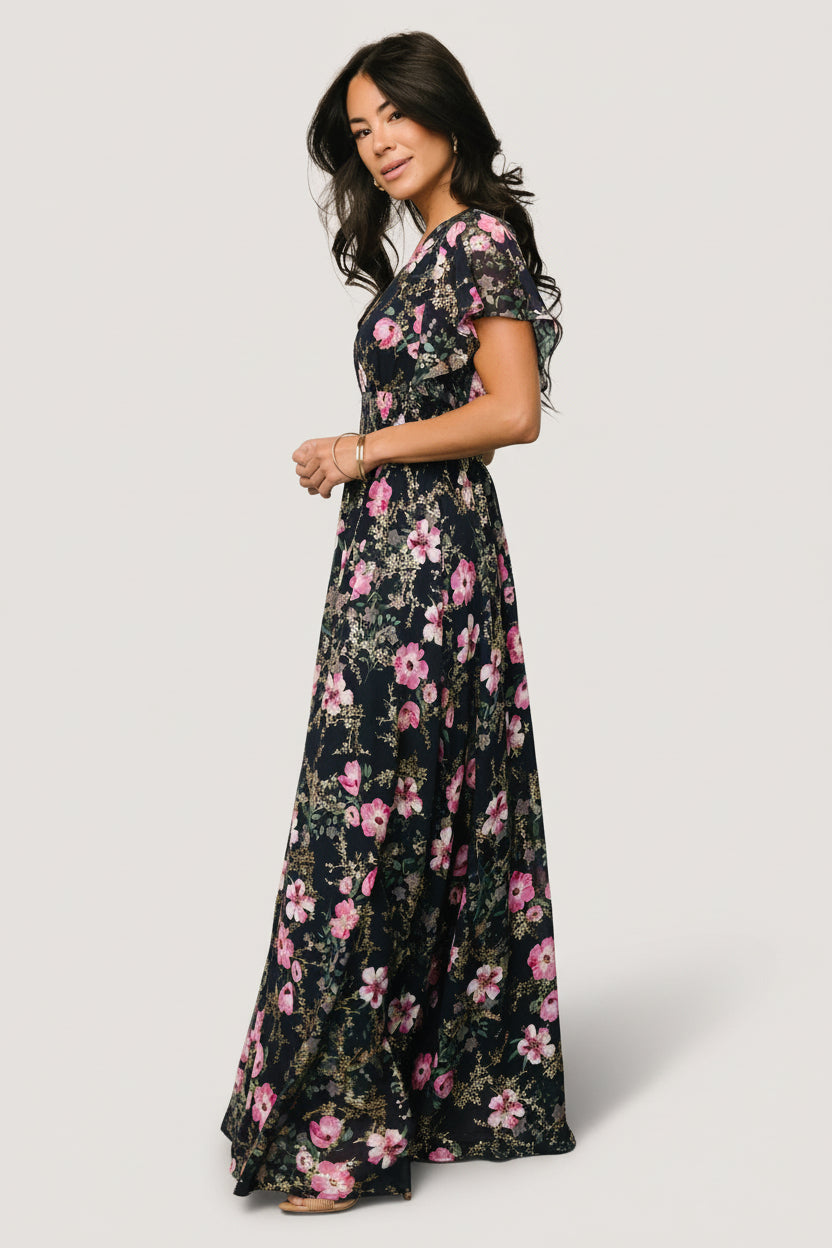Lynlee Metallic Maxi Dress | Dark Blue + Pink