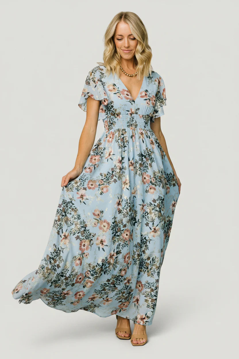 Lynlee Metallic Maxi Dress | Light Blue