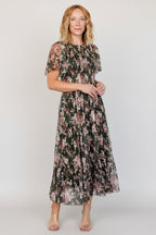 Mara Embroidered Tulle Dress | Dark Green + Blush Floral