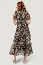 Mara Embroidered Tulle Dress | Dark Green + Blush Floral