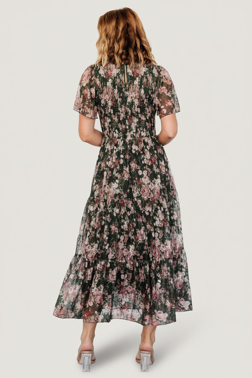 Mara Embroidered Tulle Dress | Dark Green + Blush Floral