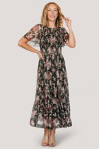 Mara Embroidered Tulle Dress | Dark Green + Blush Floral