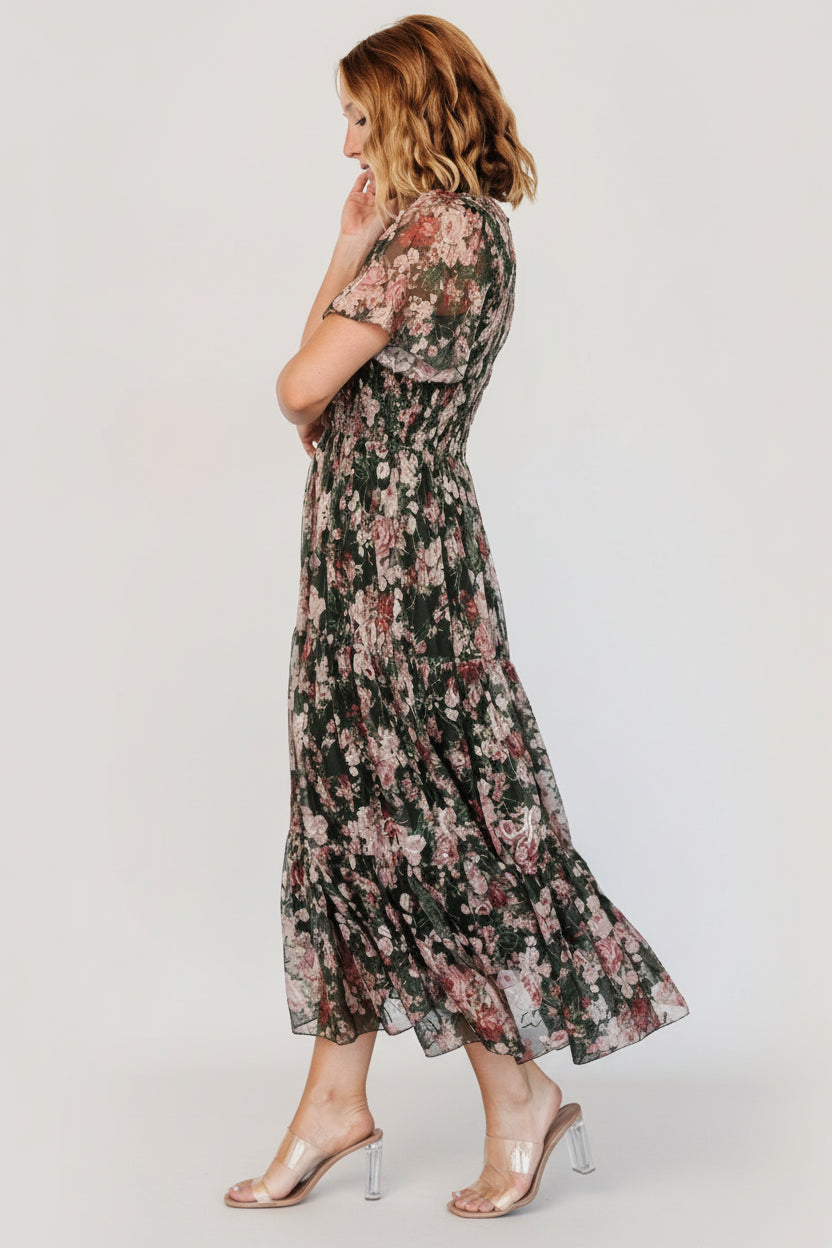 Mara Embroidered Tulle Dress | Dark Green + Blush Floral