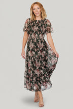 Mara Embroidered Tulle Dress | Dark Green + Blush Floral