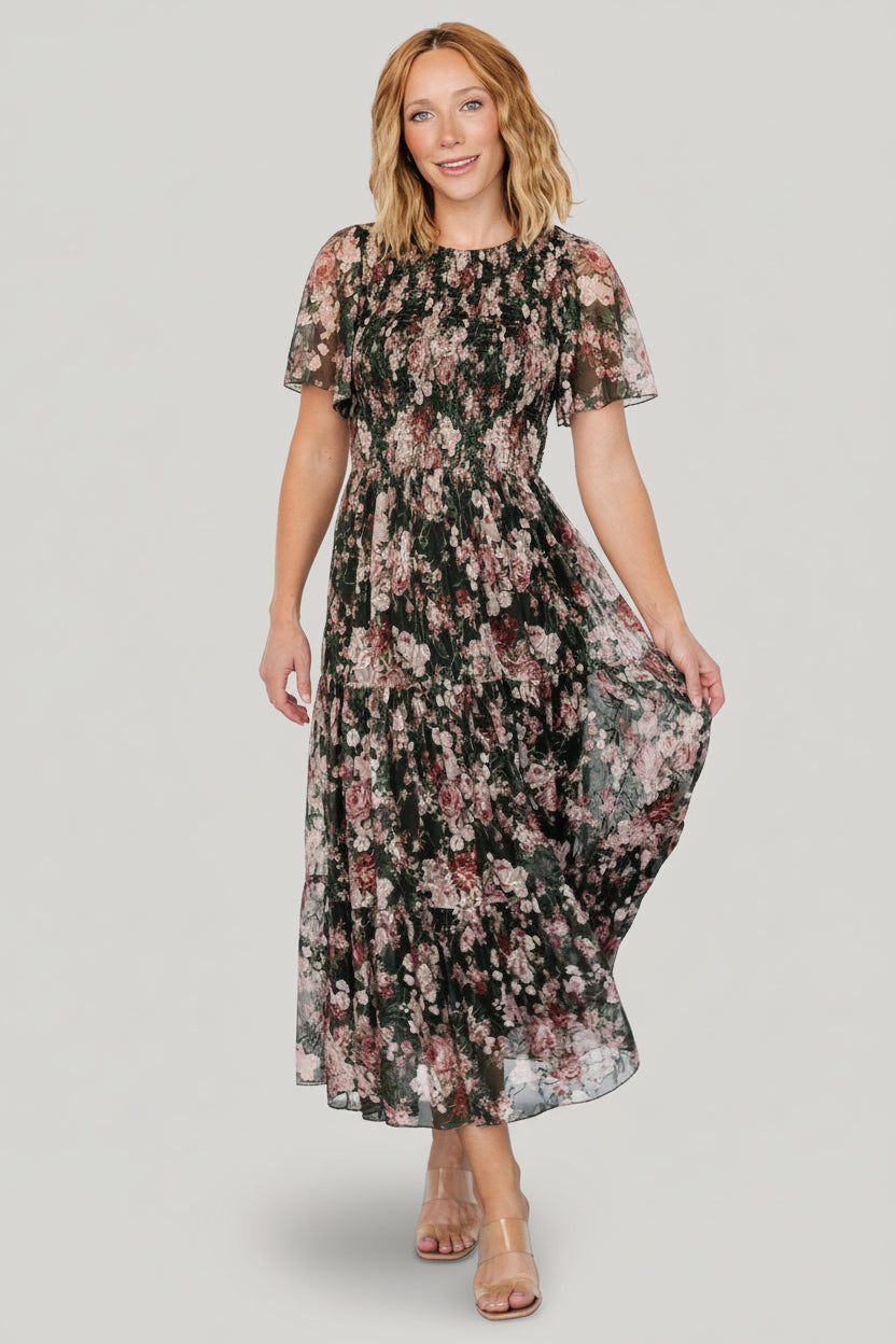 Mara Embroidered Tulle Dress | Dark Green + Blush Floral