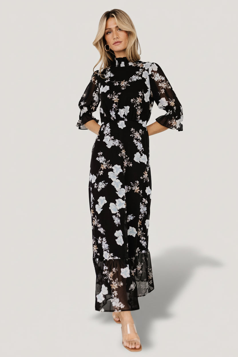 Marie Mock Neck Maxi Dress | Black Floral