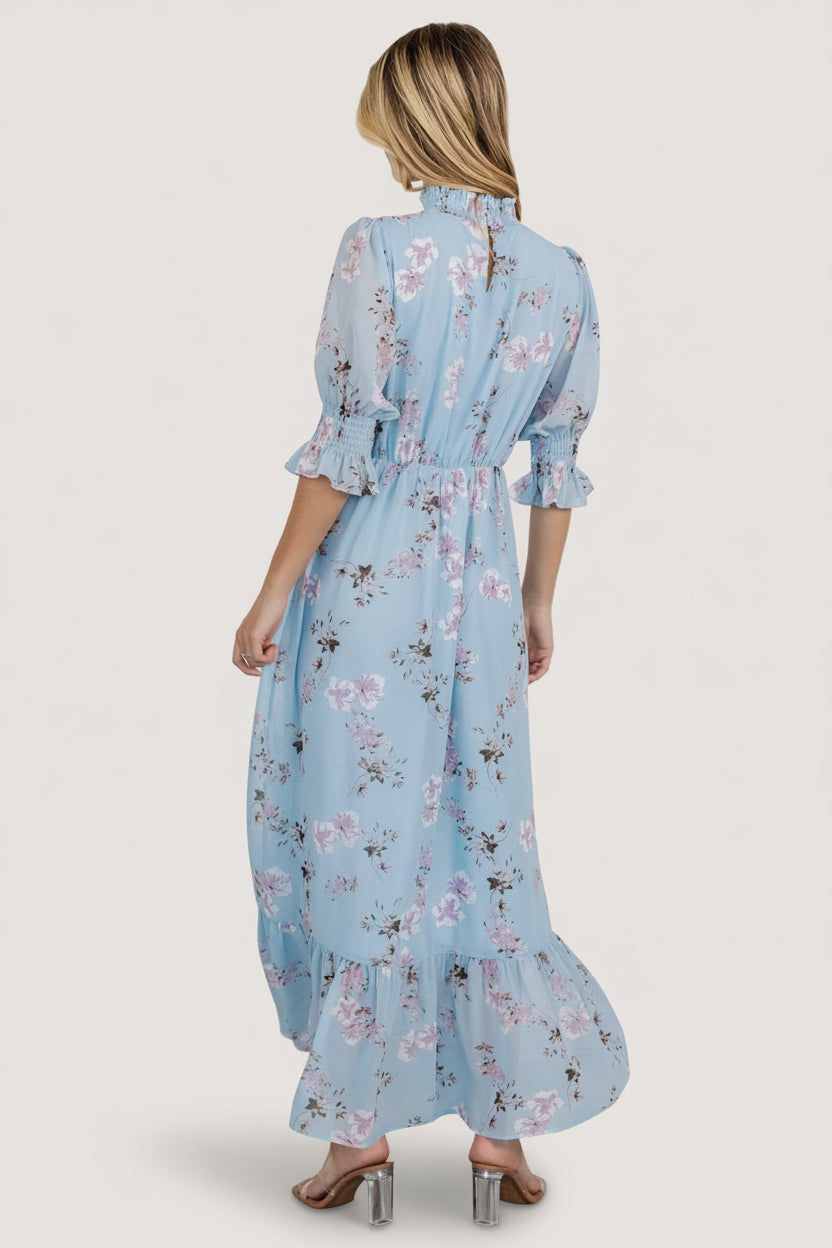 Marie Mock Neck Maxi Dress | Sky Blue Floral