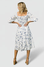Marta Smocked Midi Dress | White + Blue