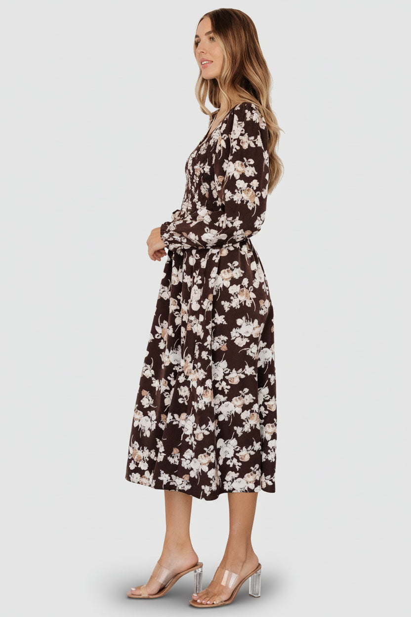 Matilda Smocked Midi Dress | Brown Floral