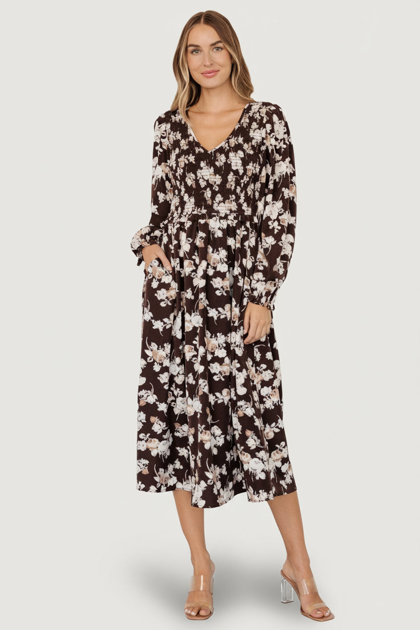 Matilda Smocked Midi Dress | Brown Floral