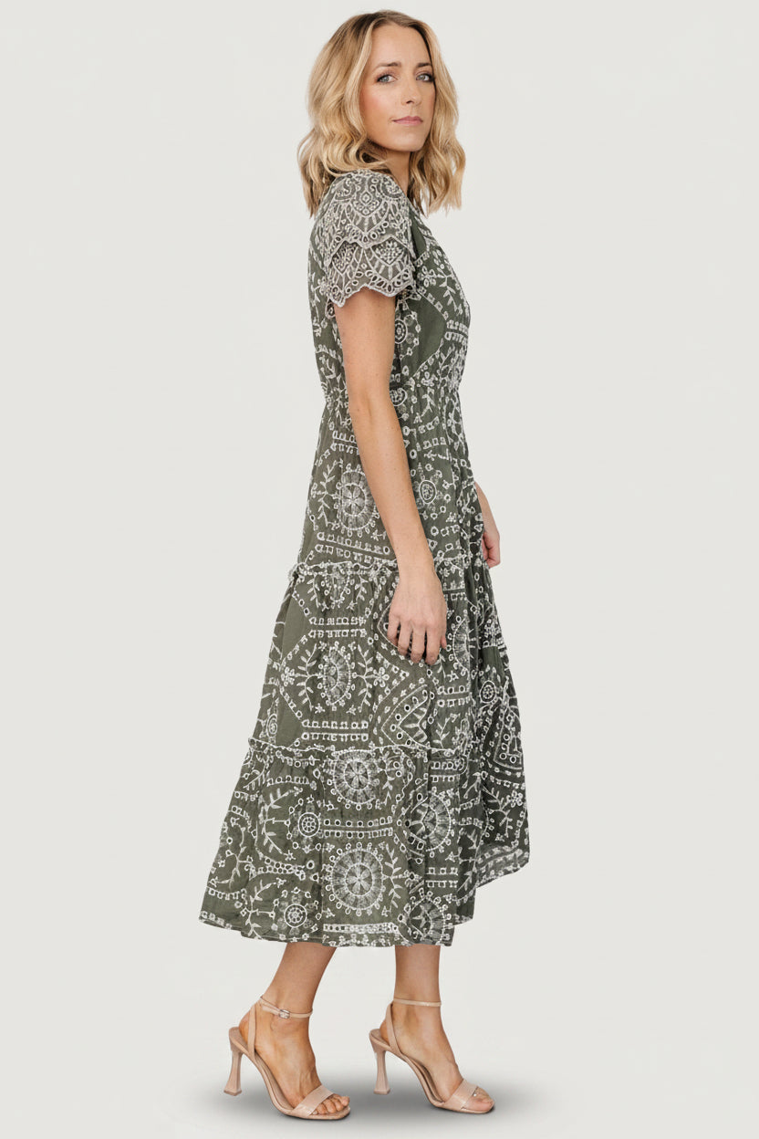Mirabel Eyelet Midi Dress | Olive + White