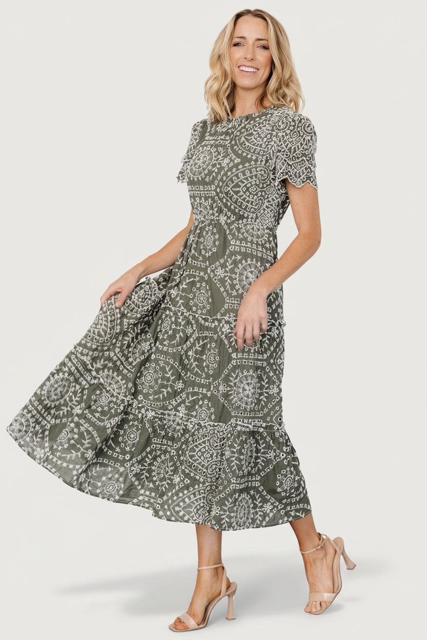 Mirabel Eyelet Midi Dress | Olive + White