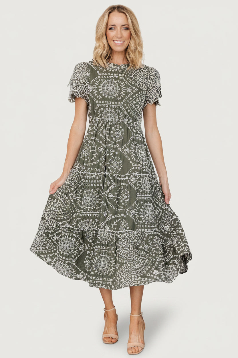 Mirabel Eyelet Midi Dress | Olive + White