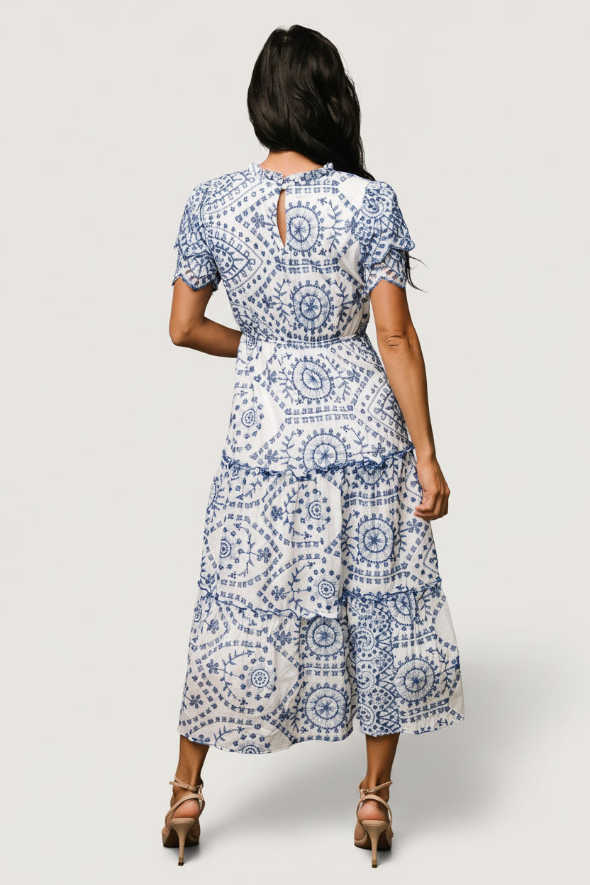 Mirabel Eyelet Midi Dress | White + Blue