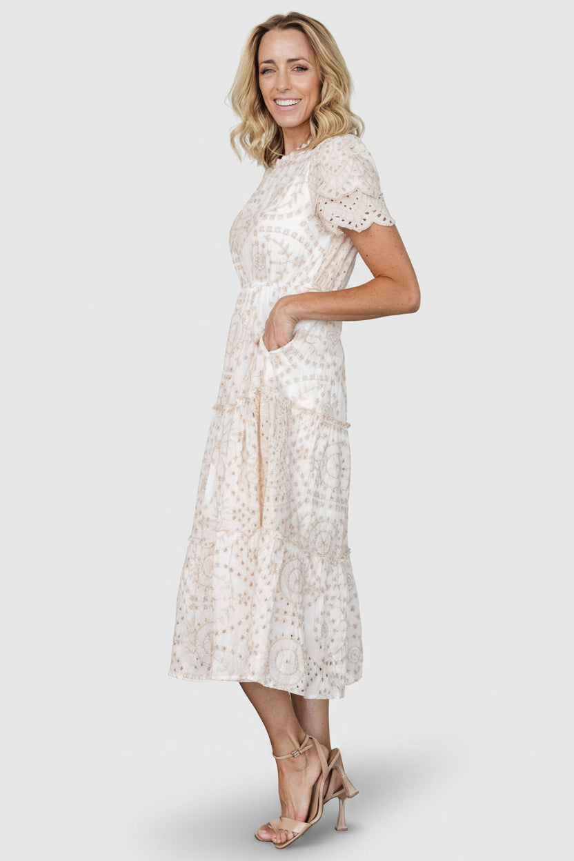 Mirabel Eyelet Midi Dress | White + Natural