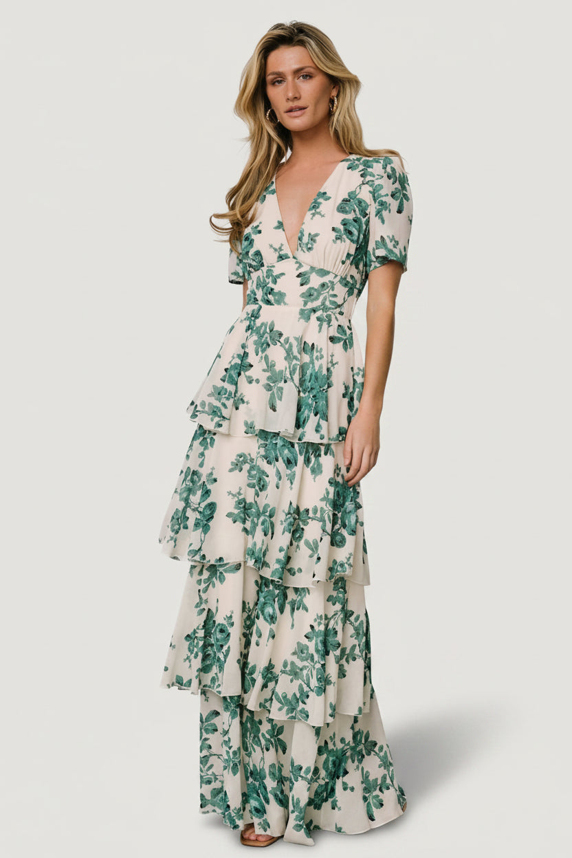 Montaigne Ruffle Maxi Dress | Ivory + Green Floral