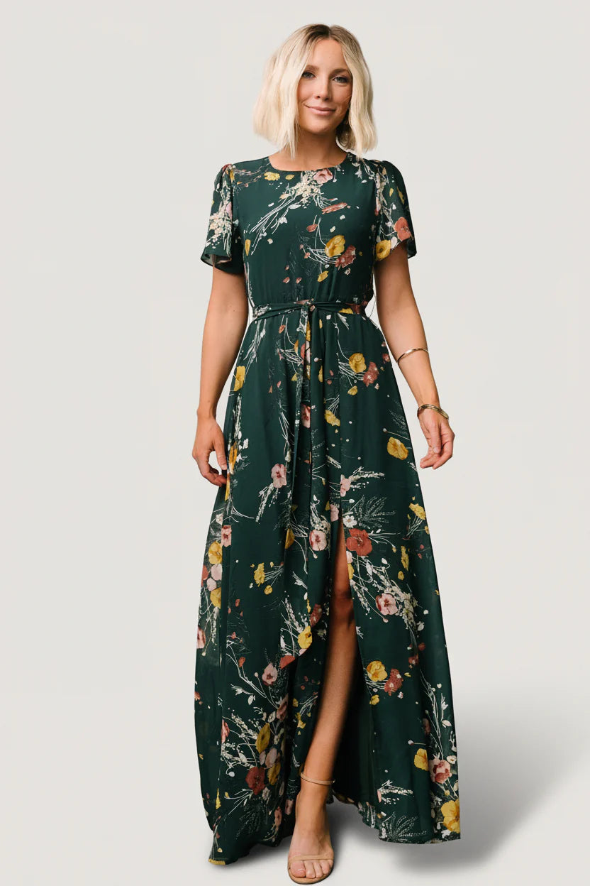 Naomi Short Sleeve Maxi Dress | Dark Green Floral