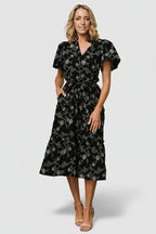 Odeya Tiered Midi Dress | Black + White